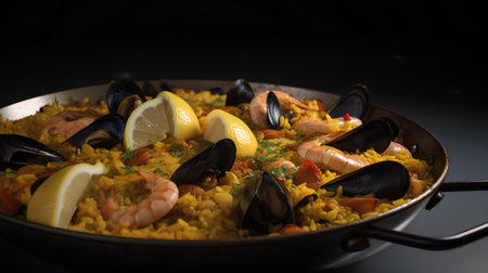 Paella with seafood and lemon on black background. Traditional Spanish dish.の素材