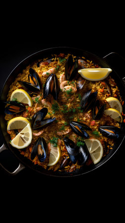 Spanish paella with seafood on black background. Traditional spanish dish.の素材