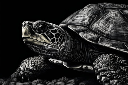 Turtle on black background. 3D rendering. Computer digital drawing.の素材