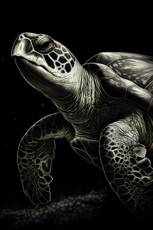 Hawksbill sea turtle on a black background. 3d renderの素材
