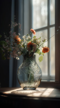 Bouquet of flowers in a vase on the windowsillの素材