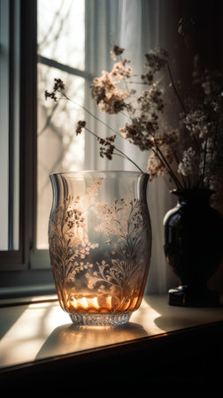 Glass vase with dried flowers on the windowsill. Sunset lightの素材