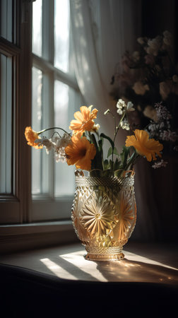 Bouquet of yellow flowers in a vase on the windowsillの素材