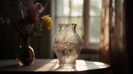 Vintage vase on the table in front of the window.の素材