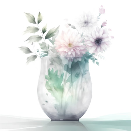 Illustration of a glass vase with flowers on a white backgroundの素材