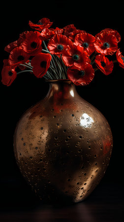 Red poppies in a vase on a black background.の素材