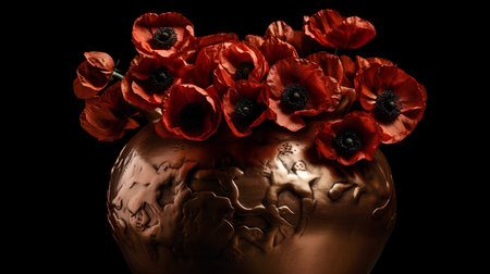 Red poppies in a vase on a black background.の素材
