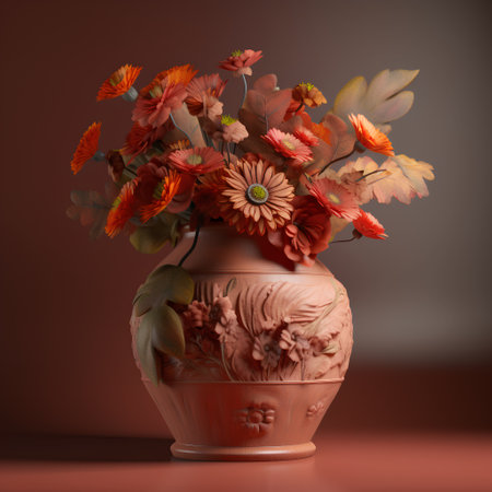 Autumn bouquet in a clay vase on a dark backgroundの素材