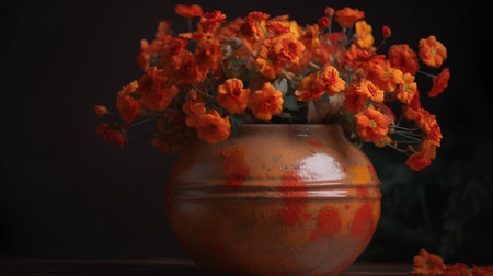 Beautiful bouquet of flowers in a clay vase on a dark backgroundの素材