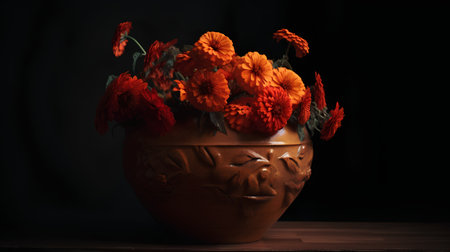 Bouquet of flowers in a clay pot on a black backgroundの素材
