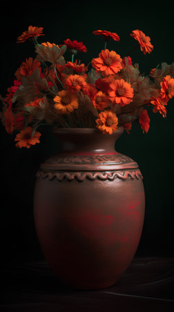 Orange gerbera flowers bouquet in vase on dark backgroundの素材