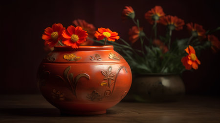 Red marigold flowers in a vase on a dark backgroundの素材