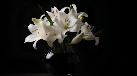 White lilies in a vase on a black background. Still lifeの素材