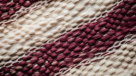 Texture, background, pattern. Woolen knitted scarf with a pattern of red and white threads on a light backgroundの素材