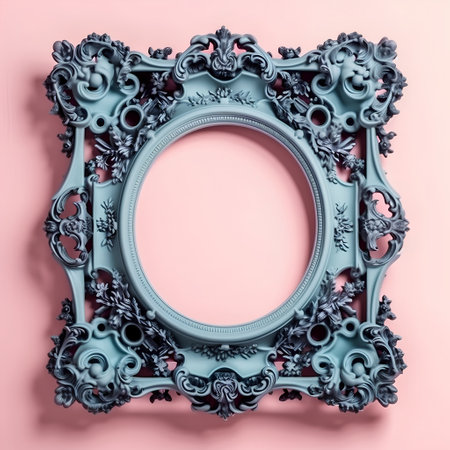 Blue vintage frame on pink background. Copy space for your text.の素材