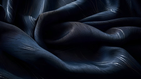 Texture, background, pattern. Silk fabric is dark blue, black. Abstract background of luxury fabric or liquid waves or wavy grunge creasesの素材