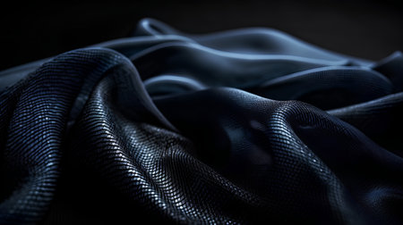close up of crumpled black silk fabric on dark background studio shotの素材
