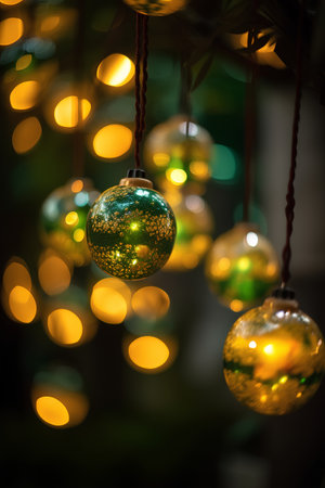 Colorful Christmas ornaments hanging on the tree. Bokeh background.の素材