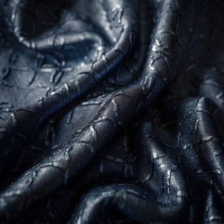 Texture, background, pattern. The fabric is dark blue with a metallic sheen. In the photo, the texture of the fabric is blurred.の素材