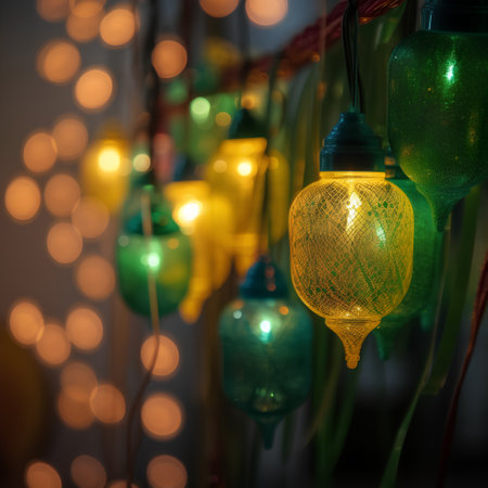 Colorful light bulbs in green and yellow tone with bokeh backgroundの素材