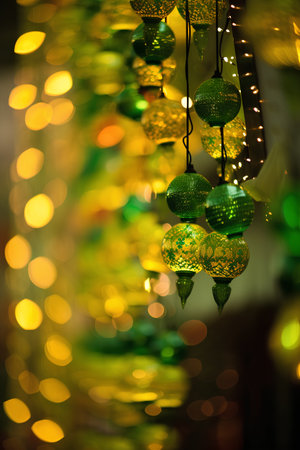 Colorful Christmas lights bokeh background. Festive decoration.の素材