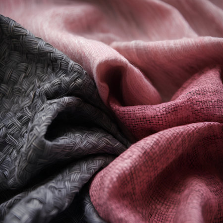 close up of a crumpled pink and gray woolen fabricの素材