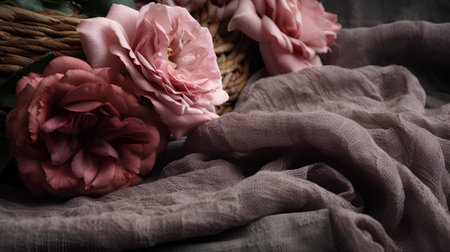 Bouquet of pink carnation flowers in a basket on a dark backgroundの素材