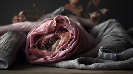 pile of folded clothes on wooden table, shallow dof.の素材