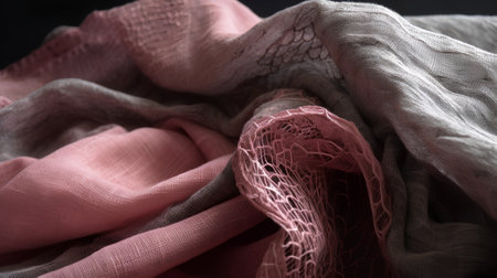 Pink fabric with lace on a black background close-up macro photographyの素材
