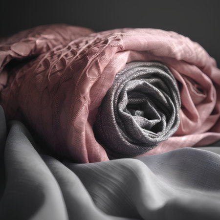 closeup of a pink scarf on a dark background, studio shotの素材