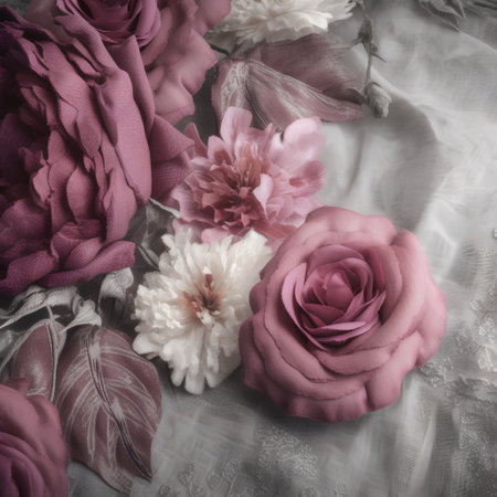 Pink roses and white peonies on fabric background. Toned.の素材