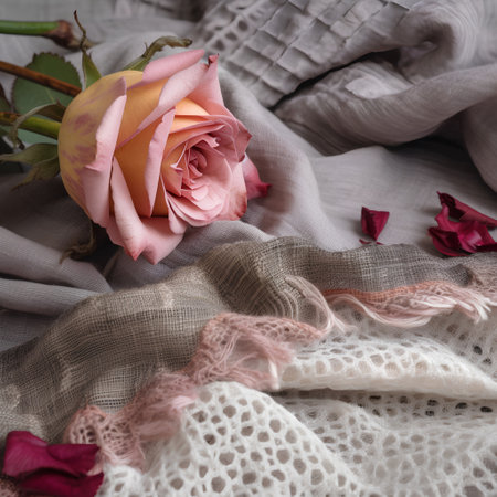 Still life with pink rose and lace, selective focus, vintage styleの素材