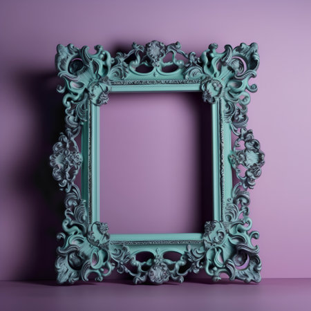 Vintage picture frame on purple wall. 3d render illustration.の素材