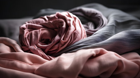 Crumpled pink and gray fabric on black background, closeupの素材