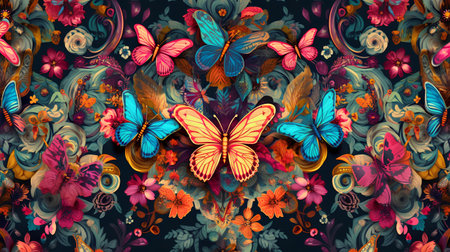 Beautiful seamless pattern with butterflies and flowers on a dark background.の素材