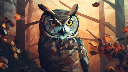 Owl on a background of a polygonal forest. Vector illustrationの素材