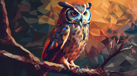 Owl on the background of a polygonal landscape. Vector illustrationの素材