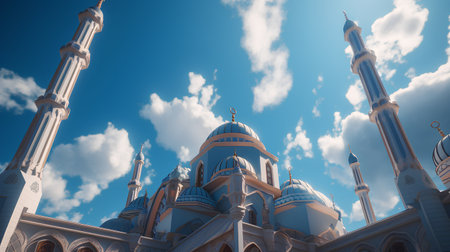 White mosque with blue sky and white clouds. Ramadan Kareem.の素材