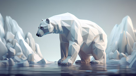 Polygonal polar bear on the ice. 3d render illustrationの素材