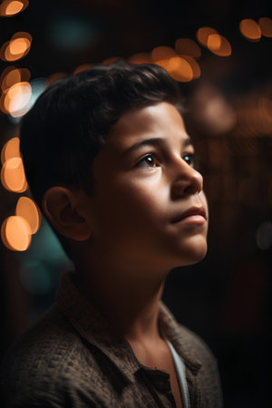 portrait of a young boy on a dark background with bokehの素材