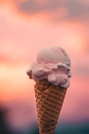 Strawberry ice cream in waffle cone with sunset background.の素材
