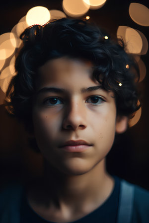 Portrait of a young boy on a dark background with bokehの素材