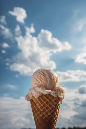 Ice cream in waffle cone with blue sky and clouds background.の素材