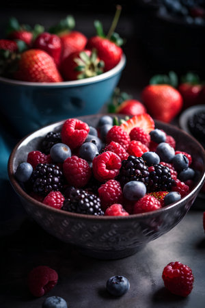 Fresh berries in a bowl on a dark background. Selective focus.の素材