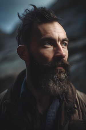 Portrait of a handsome bearded man with a long beard and mustacheの素材