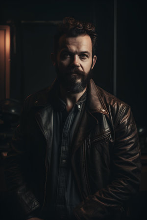 Portrait of a brutal man with a beard in a leather jacketの素材