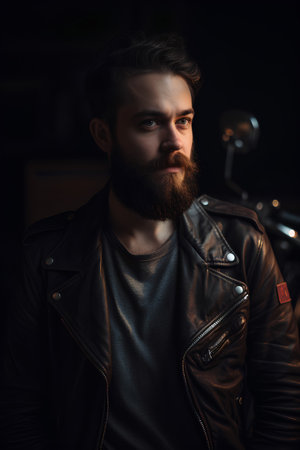 Portrait of a handsome bearded man in a leather jacket on a motorcycleの素材