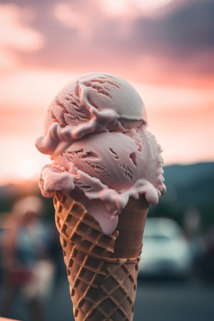 Ice cream in a waffle cone on the background of the sunset.の素材