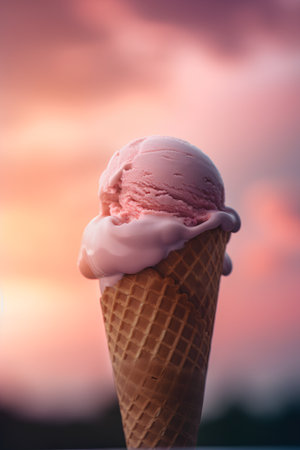 Ice cream in a waffle cone against the background of sunset.の素材