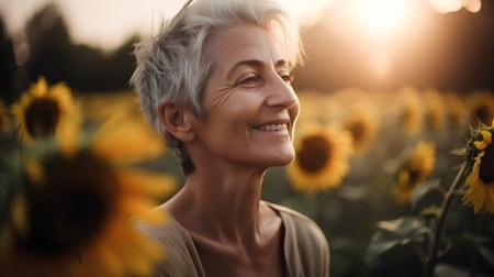 Portrait of happy senior woman standing in sunflower field at sunsetの素材